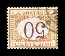 Sassone S9b, 1870 50c Ocher and carmine, inverted numeral, a lovely used single of this rare error from the early printing, especially fresh with attractive characteristic
colors on bright paper, neat portion of a c.d.s. cancel that leaves the n