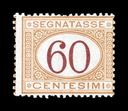 Sassone S10, 1870 60c Ocher and carmine, another rare value from the early printings that is often confused with the later 1890 issue, lovely delicate ocher color, fresh bright
paper, o.g., barest trace of hinging, normal fine centering a rare