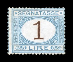 Sassone S11, 1870 1L Light blue and brown, mint single of this very scarce value, delicate light blue color and deep brown numeral, bright paper, full even perforations, o.g.,
trace of gum toning from a previous hinge that does not affect the pa