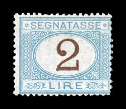 Sassone S12, 1870 2L Light blue and brown, another mint example of this rare value, attractive colors on bright paper, o.g., lightly hinged, normal fine centering signed E(nzo)
D(iena) (Scott J15 $3,750.00).