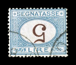 Sassone S13b, 1870 5L Blue and brown, inverted numeral, handsome used single, neatly cancelled so that the inverted numeral is clear, strong deep colors on bright white paper,
this is actually quite well centered for the early postage dues, attr