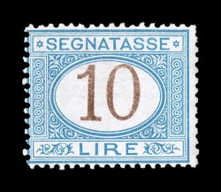 Sassone S14, 1870 10L Blue and brown, an incredibly rare mint single, lovely bright colors on fresh white paper, o.g., never hinged, possessing the usual fine centering of this
early postage due issue only a very few examples of this high v