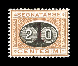 Sassone S18, 1890 20c on 1c Ocher and carmine, an amazingly well centered mint single, a feature that is totally out of character for this early postage due, strong rich colors,
o.g., h.r., extremely fine Sassone catalog value is for excellent