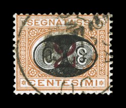 Sassone S19a, 1891 30c on 2c Ocher and carmine, inverted surcharge, a lovely used example of this scarce error, strong colors on bright paper, central c.d.s. postmark,
attractive fine centering a rare stamp in this select quality signed Guilio