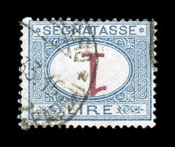 Sassone S27a, 1890 1L Blue and carmine, inverted numeral, used single, bright colors and sharp impression, light c.d.s. postmark, normal fine centering this is the rarest of the
inverted centers on the later 1890-94 postage dues and an elusive