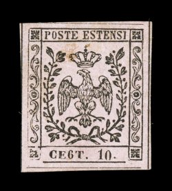 Sassone 9d, 1857 10c Black on rose, Ce6t for Cent, a most unusual and scarce typographic error, exceptionally attractive appearing mint single with virtually complete dividing
lines all around, deep color, o.g., small faint thin spot, extrem