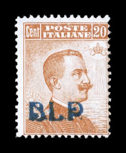 Sassone 2, 1921 20c Orange with lithographed blue B.L.P. overprint, Ty. I, exceptionally fresh mint single, bright color on white paper, strong overprint in the blue color,
o.g., n.h., normal fine centering a handsome example of this scarce s