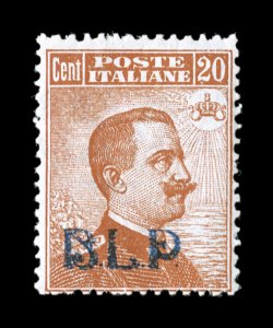 Sassone 2, 1921 20c Orange with lithographed blue B.L.P. overprint, Ty. I, fresh single with deep color and the overprint is in a particularly deep shade of blue as well, o.g.,
lightly hinged, attractive fine centering signed Bolaffi, E(milio