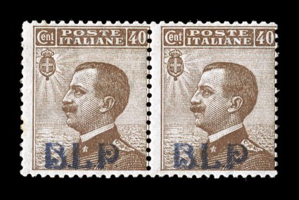 Sassone 4A, 1921 40c Brown with lithographed blue black B.L.P. overprint, Ty. I, horizontal pair with the black variety of overprint, this is supposed to have some blue in it
but it is actually very minimal and appears quite black, rich color