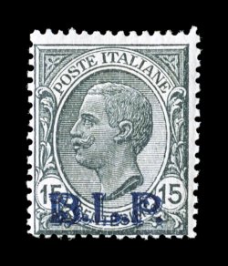 Sassone 6, 1922 15c Gray with lithographed blue B.L.P. overprint, Ty. II, fresh mint single, strong color and clear overprint, o.g., typical fine centering (Scott B10a,
$800.00).
