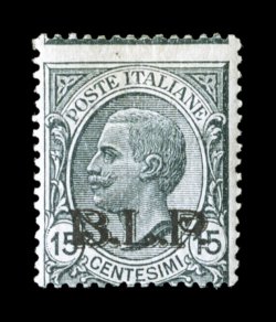 Sassone 6A, 1922 15c Gray with lithographed black B.L.P. overprint, Ty. II, a mint single of this exceedingly rare variety with black overprint taken from the one sheet of 100
that was issued, very fresh with attractive color on bright pap