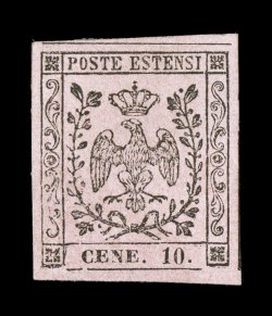 Sassone 9e, 1857 10c Black on rose,Cene for Cent, an unusually fresh and attractive mint single, large to extra-large margins all around possessing full dividing line at top and
portions of the dividing lines at sides, o.g., lightly hinged,