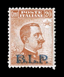 Sassone 7, 1922 20c Orange with lithographed blue B.L.P. overprint, Ty. II, handsome mint single that is much better centered than typically seen, bright color on white paper,
o.g., slight adherence, very fine for this issue signed A. D(iena)
