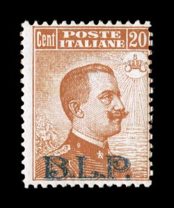Sassone 7, 1922 20c Orange with lithographed blue B.L.P. overprint, Ty. II, fresh mint single, brilliant color on bright paper, o.g., lightly hinged, normal fine centering
signed G. Oliva, A. D(iena) (Scott B11a, $650.00).