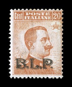 Sassone 7A, 1922 20c Orange with lithographed black B.L.P. overprint, Ty. II, fresh mint single, attractive color on bright paper, o.g., n.h., normal fine centering signed
E(milio) D(iena), Raybaudi (Scott B11b, $1,300.00).