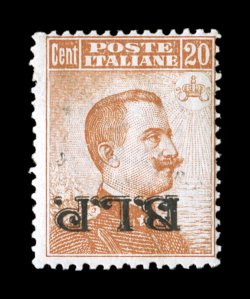 Sassone 7Ab, 1922 20c Orange with lithographed black B.L.P. overprint, Ty. II, inverted overprint, attractive mint single of this scarce variety being both inverted and in the
black color, stamp has bright color on fresh paper, o.g., lightly h