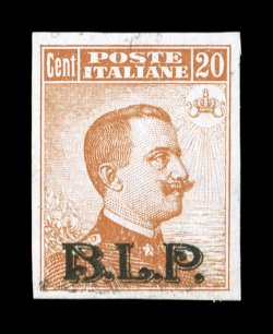 Sassone 7Af, 1922 20c Orange with lithographed black B.L.P. overprint, Ty. II, imperforate, choice unused single, without gum as are all known examples, large even margins all
around, bright color and strong overprint with a trace of a second
