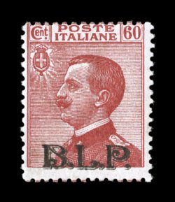 Sassone 11, 1922 60c Carmine with lithographed black B.L.P. overprint, Ty. II, mint single with brilliant color on bright paper, nice clear overprint, o.g., lightly hinged,
rather typical centering for this value but cataloged by Sassone as a