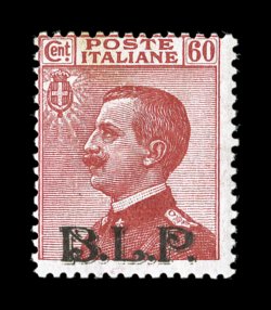 Sassone 11, 1922 60c Carmine with lithographed black B.L.P. overprint, Ty. II, another fresh mint single with excellent color on white paper, clear overprint, o.g., lightly
hinged, centered to the top left and cataloged by Sassone as a poorly
