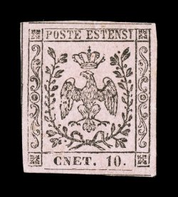 Sassone 9h, 1857 10c Black on rose,Cnet for Cent, fresh mint single of this typographic error, large to extra-large margins all around showing full dividing line at top and large
portions of the dividing lines at left and bottom, o.g., h.r.,