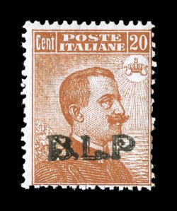 Sassone 13 var.-18 var., 1923 10c-85c Victor Emmanuel with typographed B.L.P. overprints, Ty.III, without period after P, complete for all values, a fresh mint set showing this
variety, all with bright colors, o.g., mostly lightly hinged, nor