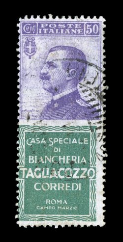 Sassone FP1-19, 1924 15c-1L Victor Emmanuel with advertising labels below, a similar used collection of the 19 different values complete that were placed in use, all have been
commercially used with various types of postmarks, mostly c.d.s., mos