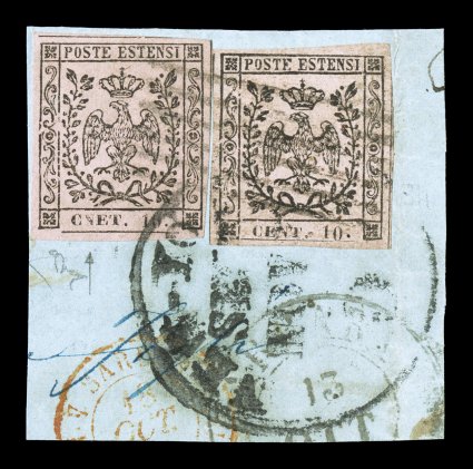 Sassone 9, 9h, 1857 10c Black on rose, Cnet for Cent, large margined example of this typographic error showing portions of the dividing lines at top and right, along with a well
margined normal single, both tied to piece by six-line cancel a