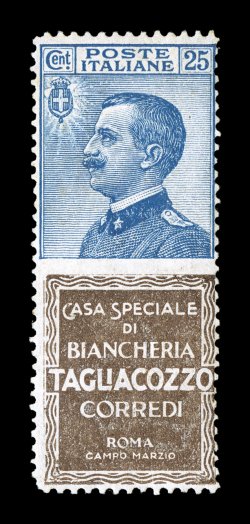Sassone FP8, 1924 25c Blue with Tagliacozzo advertising label, a rather well centered mint example of this scarce value advertising the Special House of Linen, bright colors,
o.g., n.h., very fine for this and one of the scarcer issues, especi