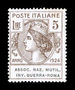 Sassone F5-12, 1924 5c-5L Assoc. Naz. Mutil. Inv. Guerra-Roma franchise stamps cplt., a fresh mint set of this rare issue, attractive colors on bright paper, crisp even
perforations, o.g., n.h., several low values are well centered, most have at
