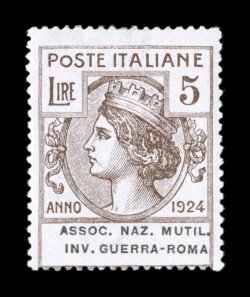 Sassone F5-12, 1924 5c-5L Assoc. Naz. Mutil. Inv. Guerra-Roma franchise stamps cplt., mint set with bright colors on fresh paper, o.g., lightly hinged, normal fine centering
attractive and rare set not listed in Scott 5L high value signed E(n
