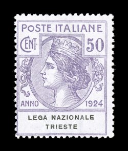 Sassone F42-45, 1924 5c-50c Lega Nazionale Trieste franchise stamps cplt., pristine mint set, all with strong bright colors on fresh paper, o.g., n.h., normal fine centering
quite rare in never hinged condition not listed in Scott the two hig