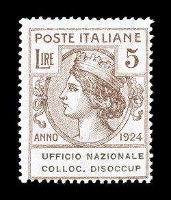 Sassone F68b, 1924 5L Ufficio Nationale Colloc. Disoccup. franchise stamp, without period after Disoccup, a scarce variety of this high value, very fresh with attractive brown
color, o.g., n.h., normal fine centering very elusive in never hin