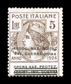 Sassone F70-77, 1924 5c-3L Assoc. Naz. Mutil.Inv. Guerra-Roma overprinted franchise stamps cplt., a very rare issue, especially fresh and attractive, includes some exceptionally
well centered stamps including the scarce 3L value, o.g., n.h.,