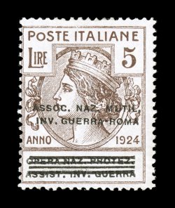 Sassone F70-77, 1924 5c-3L Assoc. Naz. Mutil.Inv. Guerra-Roma overprinted franchise stamps cplt., another nice mint set of this elusive issue, bright colors on fresh paper,
o.g., lightly hinged, normal fine centering not listed in Scott the