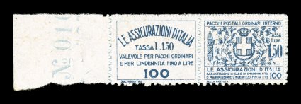 Sassone FA9, 1926 1.50 Blue insurance stamp, impressive mint left sheet-margin single, wonderfully fresh with intact roulettes all around, well centered, o.g., n.h., very fine
most insurance stamps are scarce and rarely encountered, this single