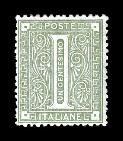 Sassone 1e, 1874 1c Olive green, without Estero overprint, a fantastically rare mint example of this very unusual stamp, this stamp is in an excellent state of preservation
possessing attractive centering with perforations well clear of the de