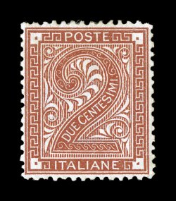 Sassone 2b, 1874 2c Brown red, without Estero overprint, an impressive appearing example of this rarity, unused, regummed, exceptionally well centered within wide even margins
and all perforations are well clear of the design, rich color on fr