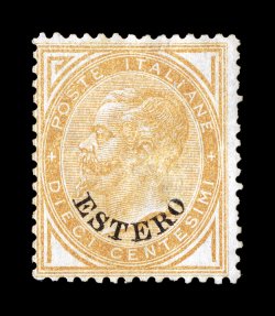 Sassone 4d, 1874 Estero overprint on 10c Ocher, top left corner not altered, position 16, an unused example of this very rare variety of the basic stamp, light buff color and
fairly well centered for this issue, fine this stamp for the office