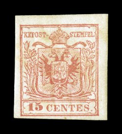 Sassone 6a, 1852 15c Light red on handmade paper, Ty. III, another mint example of this first issue value, bright color, ample to large margins all around, full o.g., lightly
hinged, nearly very fine signed H. Bloch and one other (Scott 4 $1,