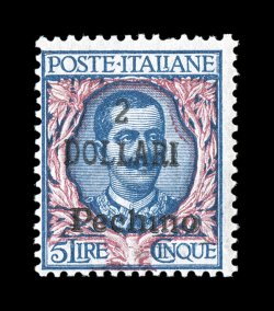 Sassone 30, 1919 2DOLLARIPechino surcharge on 5L Ultramarine and rose, Ty. II surcharge, a phenomenal rarity of the Offices in Peking with this extremely rare type of surcharge
with all capital letters in DOLLARI, beautifully fresh and int