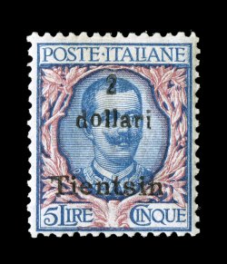 Sassone 24, 1919 2dollariTientsin surcharge on 5L Ultramarine and rose, Ty. II surcharge, an attractive mint example of this rare type surcharge, exceptionally fresh with deep
colors and sharp impressions, quite well centered for this value