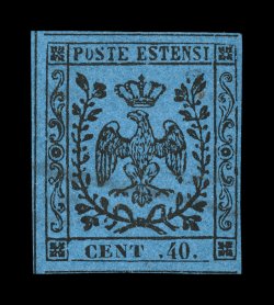 Sassone 10b, 1855 40c Black on dark blue, period after Cent shifted to right in front of 40, attractive used single with light six-line cancel, fresh deep color, well clear to
extra-large margins showing three complete dividing lines, very f