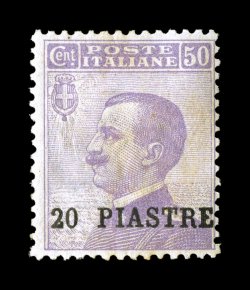 Sassone 12k, 1908 20 Piastre surcharge on 50c Violet, error of value, position 45 in the setting of 50 of the 2 Piastre surcharge, stamp with light violet color, surcharge is
clear and fully impressed, o.g., h.r., fine centering this error
