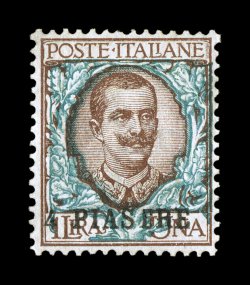 Sassone 13, 1908 4 Piastre surcharge on 1L Brown and green, well centered and scarce higher value, attractive bright colors on fresh paper, o.g., choice very fine and quite rare
in this select quality signed E(nzo) D(iena) and others, plus ac