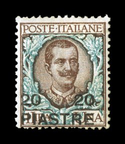 Sassone 18a, 1908 20 20 Piastre surcharge on 1L Brown and green, error of value, mint single in deep rich colors, fresh o.g., typical fine centering an unusual variety as this
error occurs not in one position, but rather a setting 20 of the