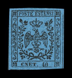 Sassone 10f, 1855 40c Black on dark blue, Cnet for Cent, fresh mint single, large to extra-large margins showing complete dividing line at right and portion at left, paper with
deep color, full o.g., lightly hinged, choice very fine signed