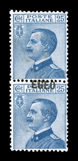 Sassone 1c, 2c, 1912 25c Blue and 50c Light violet with Egeo overprint, vertical pair, one without overprint, each value with the overprint shifted down so that the top stamp
has no overprint and the overprint on the bottom stamp is positioned