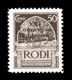 Sassone 12-20, 1930 5c-10L Hydrological Congress cplt., attractive and well centered mint set, bright colors, o.g., 50c value is n.h. with light gum crease, otherwise very fine
and scarce set (Scott Rhodes 29-37 $1,089.00).