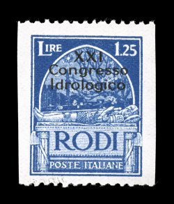Sassone 18b, 1930 1.25L Hydrological Congress, imperforate vertically, beautifully centered mint single within exceptionally wide margins, the straight edge side margins are
especially wide and balanced, deep color, o.g., choice very fine a sca