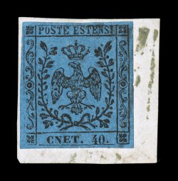 Sassone 10f, 1855 40c Black on dark blue, Cnet for Cent, used example with four ample to large margins, tied to small piece by light six-line cancel, bright and attractive, very
fine and a scarce typographic error used signed E(milio) D(ien
